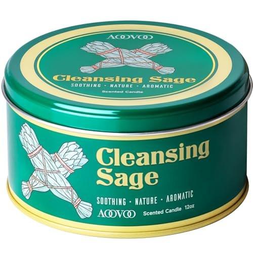 AOOVOO Sage Candle for Cleansing - 3 Wick 12oz Large Scented Candle with Crystals & Sage Leaves Inside, Soy Candles Non Toxic for Meditation Spiritual Gift, Aromatherapy Candle for Women Men - görsel 1