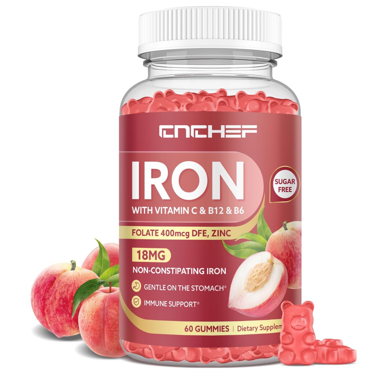 Iron Supplement for Women & Men Gummies, Multivitamin Blood Builder Iron Supplement with Folate Vitamin C B12 B6 Zinc for Adults & Kids - Energy Support - Peach Flavor, Vegan 60 Gummies - görsel 6