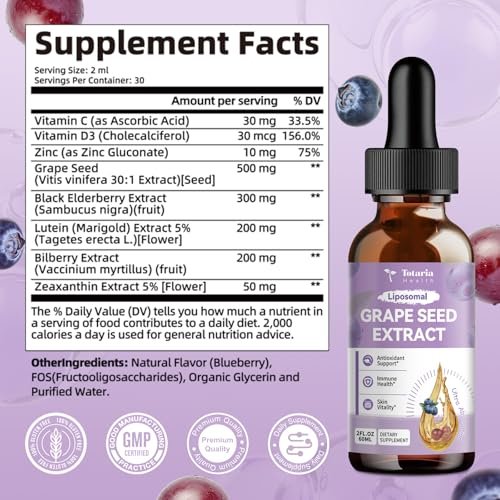 Totaria Grape Seed Extract Liquid Drops | High Potency 95% Polyphenols Antioxidant Supplement for Skin, Heart & Immune Support | Vegan, Gluten Free | Alcohol-Free & Non-GMO | 2FL - görsel 3