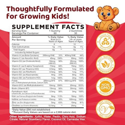 Iron Supplement Gummies for Kids, Kids Multivitamin with Iron Gummies - Zinc, Vitamin B Complex, A, C, D3, B12, Folate for Blood Builder & Energy Support, Iron Deficiency, Vegan Strawberry 60 Gummies