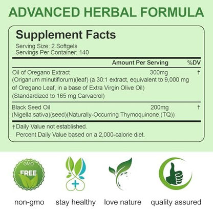BEWORD Oil of Oregano with Black Seed Oil, 280 Softgels, 9000mg Per Serving – 2-in-1 Oregano Supplement for Immune Health with High Carvacrol & Thymoquinone | Plant-Based, Non-GMO