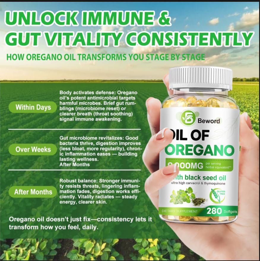 BEWORD Oil of Oregano with Black Seed Oil, 280 Softgels, 9000mg Per Serving – 2-in-1 Oregano Supplement for Immune Health with High Carvacrol & Thymoquinone | Plant-Based, Non-GMO - görsel 15