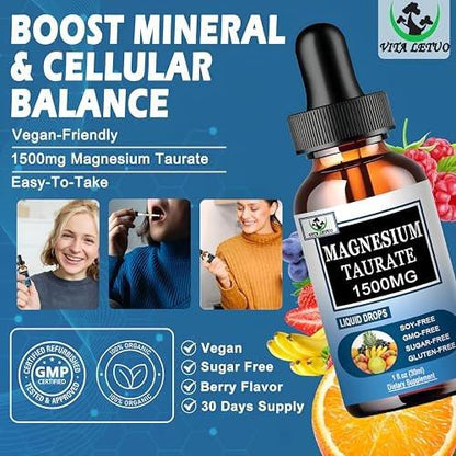 Magnesium Taurate Liquid Drops, High Absorption Magnesium Taurate 1500mg for Cardiovascular Health, Muscle, Joint, and Heart Health*, Liquid Magnesium Supplement for Adults Women & Men, 30 Servings