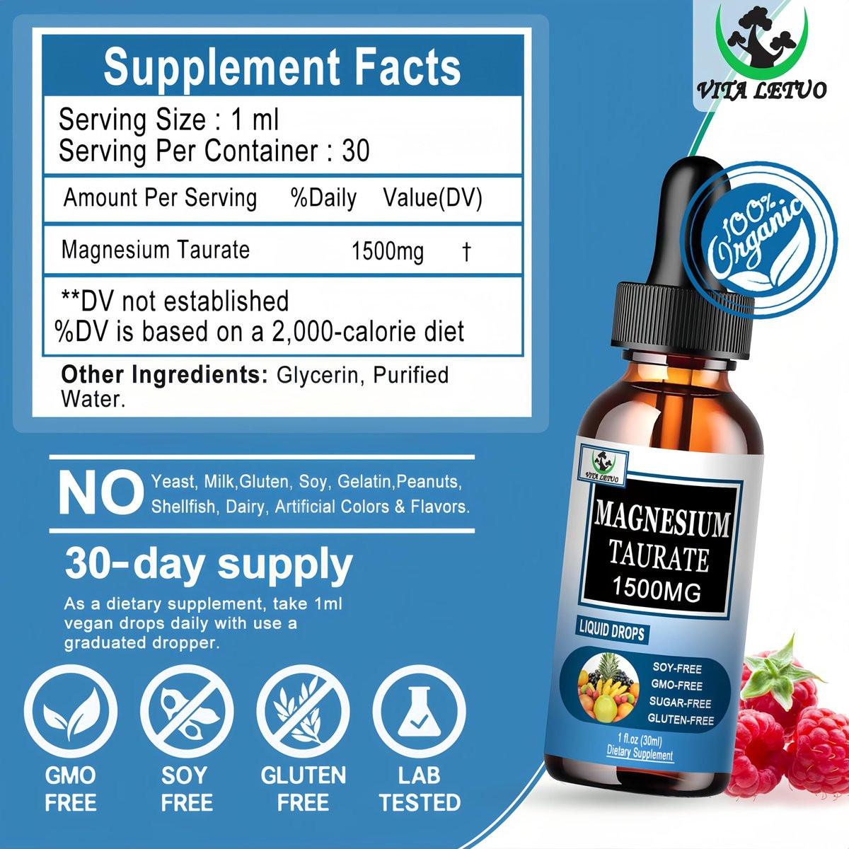 Magnesium Taurate Liquid Drops, High Absorption Magnesium Taurate 1500mg for Cardiovascular Health, Muscle, Joint, and Heart Health*, Liquid Magnesium Supplement for Adults Women & Men, 30 Servings - görsel 13