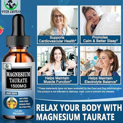 Magnesium Taurate Liquid Drops, High Absorption Magnesium Taurate 1500mg for Cardiovascular Health, Muscle, Joint, and Heart Health*, Liquid Magnesium Supplement for Adults Women & Men, 30 Servings