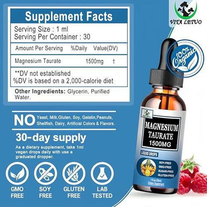 Magnesium Taurate Liquid Drops, High Absorption Magnesium Taurate 1500mg for Cardiovascular Health, Muscle, Joint, and Heart Health*, Liquid Magnesium Supplement for Adults Women & Men, 30 Servings