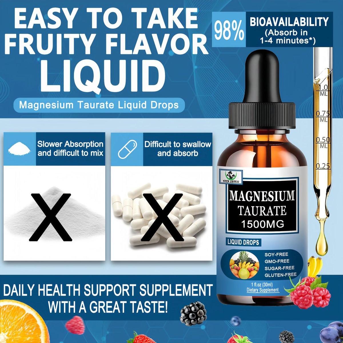 Magnesium Taurate Liquid Drops, High Absorption Magnesium Taurate 1500mg for Cardiovascular Health, Muscle, Joint, and Heart Health*, Liquid Magnesium Supplement for Adults Women & Men, 30 Servings - görsel 9