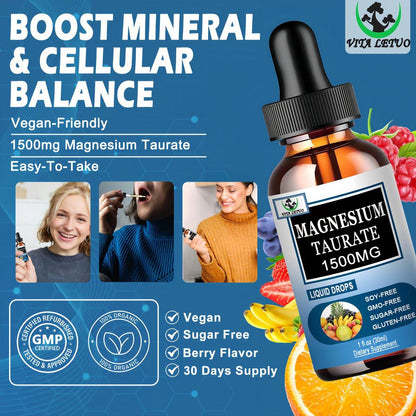 Magnesium Taurate Liquid Drops, High Absorption Magnesium Taurate 1500mg for Cardiovascular Health, Muscle, Joint, and Heart Health*, Liquid Magnesium Supplement for Adults Women & Men, 30 Servings