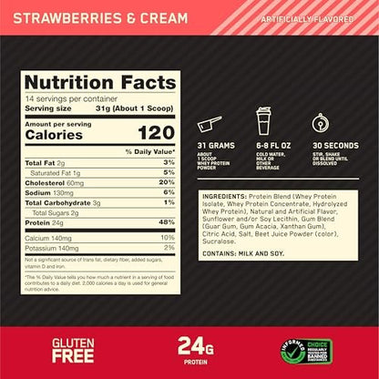 Optimum Nutrition Gold Standard 100% Whey Protein Powder, Strawberries and Cream, 1 Pound (Pack of 1)