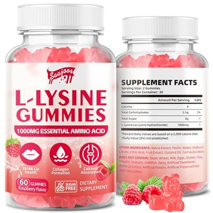 Saajoor L-Lysine 1000mg Gummies for Immune Support & Skin Health - Vegan, Gluten Free Amino Acid Supplement for Adults, Raspberry Flavor, 60 Gummies
