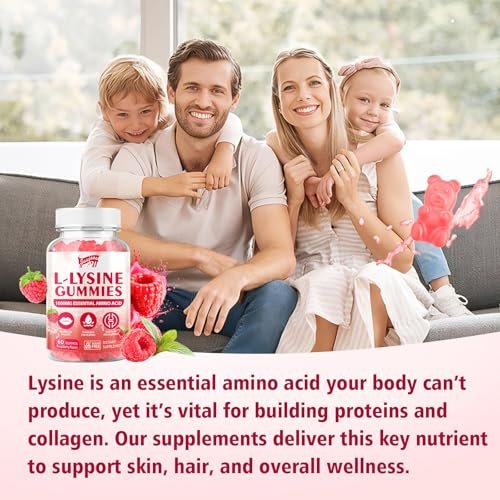 Saajoor L-Lysine 1000mg Gummies for Immune Support & Skin Health - Vegan, Gluten Free Amino Acid Supplement for Adults, Raspberry Flavor, 60 Gummies - görsel 1