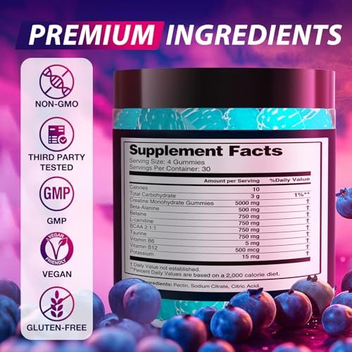 Asumtal Creatine Monohydrate Gummies Complex 8500 MG for Men & Women, Creatine Monohydrate Supplement for Muscle Growth, Strength & Energy Support, Pre Workout Gummies 120 Count Blueberry - görsel 5