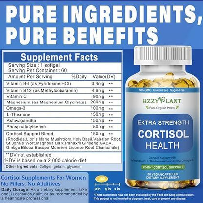 Cortisol Supplements for Women and Men Softgels with Phosphatidylserine Magnesium Ashwagandha L-Theanine, High Absorption Cortisol Detox Capsules for Sleep Relaxation Stress Relief, Non-GMO, 60 Servings
