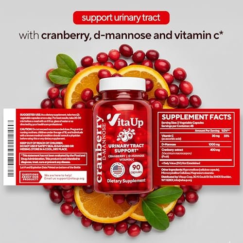 VitaUp D-Mannose & Cranberry Supplement for Women – USA Made Cranberry, Vitamin C & D-Mannose Supplement – Cranberry Capsules for Women for Urinary Tract & Bladder Support – 90 Vegan Capsules - görsel 13
