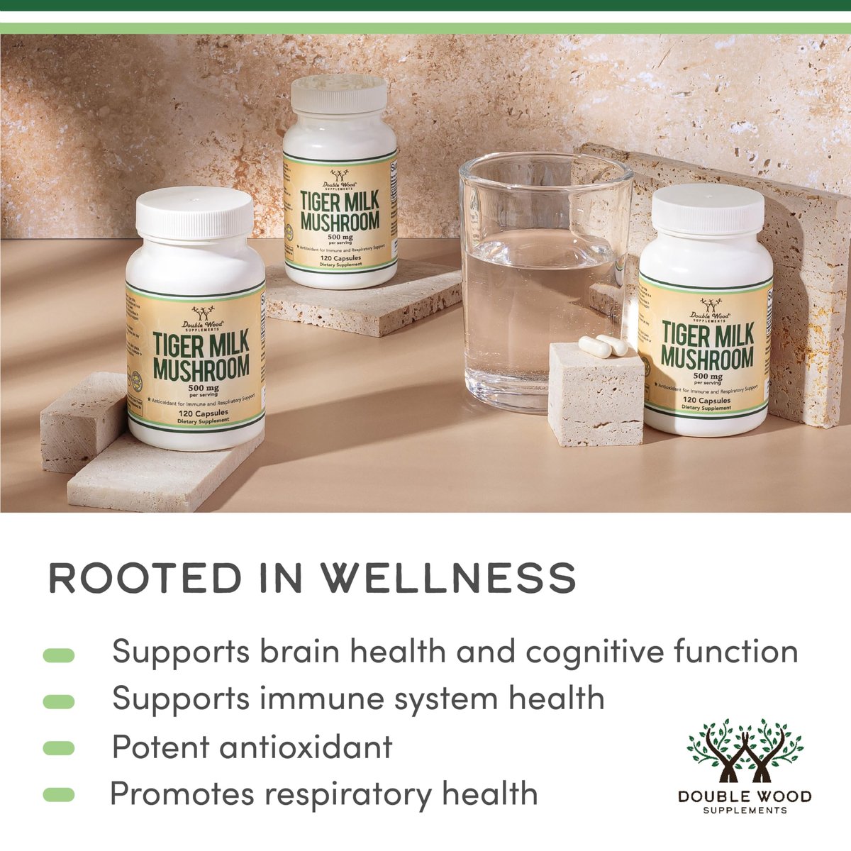 Double Wood Supplements Tiger's Milk Mushroom Supplement (Lignosus Fungi) 500mg per Serving, 120 Capsules – Antioxidant for Respiratory and Lung Health Support, Vegan Safe, Non-GMO - görsel 7