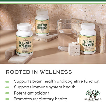 Double Wood Supplements Tiger's Milk Mushroom Supplement (Lignosus Fungi) 500mg per Serving, 120 Capsules – Antioxidant for Respiratory and Lung Health Support, Vegan Safe, Non-GMO