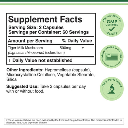 Double Wood Supplements Tiger's Milk Mushroom Supplement (Lignosus Fungi) 500mg per Serving, 120 Capsules – Antioxidant for Respiratory and Lung Health Support, Vegan Safe, Non-GMO