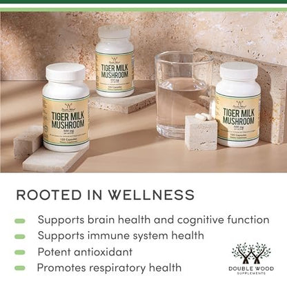 Double Wood Supplements Tiger's Milk Mushroom Supplement (Lignosus Fungi) 500mg per Serving, 120 Capsules – Antioxidant for Respiratory and Lung Health Support, Vegan Safe, Non-GMO