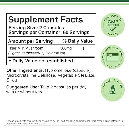 Double Wood Supplements Tiger's Milk Mushroom Supplement (Lignosus Fungi) 500mg per Serving, 120 Capsules – Antioxidant for Respiratory and Lung Health Support, Vegan Safe, Non-GMO - görsel 4