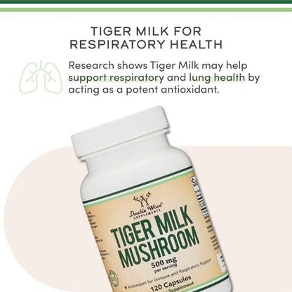 Double Wood Supplements Tiger's Milk Mushroom Supplement (Lignosus Fungi) 500mg per Serving, 120 Capsules – Antioxidant for Respiratory and Lung Health Support, Vegan Safe, Non-GMO