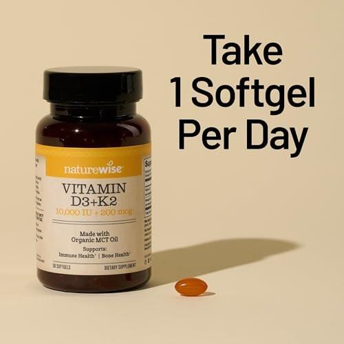 NatureWise Vegan Vitamin D3 + K2 in Organic Coconut MCT Oil - Natural D3 10000IU + Natural K2 200mcg - High Absorption Bone Support - Non-GMO - USA Manufactured - 30 Softgels [30-Day Supply] - görsel 1