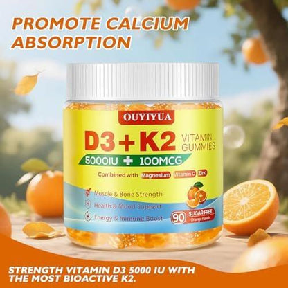 OUYIYUA Vitamin D3 K2 Gummies, Vitamin D3 5000IU + K2 (MK-7) 100mcg Gummies for Adults | Immune Health Support, Teeth & Muscle Function Boost | 90 Count