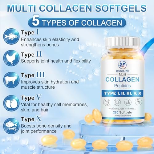 SIGNILIFE Multi Collagen Peptides for Women & Men, Hydrolyzed Collagen Peptides-Type I, II, III, V, X - with Hyaluronic Acid, Vitamin C, Biotin, Supports Skin Hair Nail, Non-GMO, 280 Softgels - görsel 10