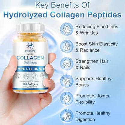 SIGNILIFE Multi Collagen Peptides for Women & Men, Hydrolyzed Collagen Peptides-Type I, II, III, V, X - with Hyaluronic Acid, Vitamin C, Biotin, Supports Skin Hair Nail, Non-GMO, 280 Softgels