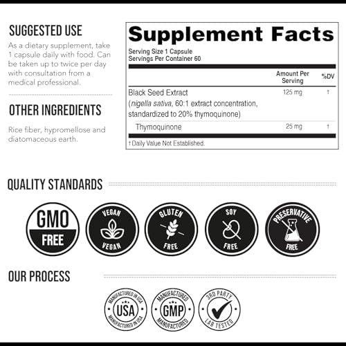20% Thymoquinone Black Seed Oil Extract Capsules - TQ-Advanced 4X®: Potent Thymoquinone Concentration Available - 60:1 Concentrate from Nigella Sativa, Raw Form, Vegan, Glass Bottle (60 Capsules) - görsel 1