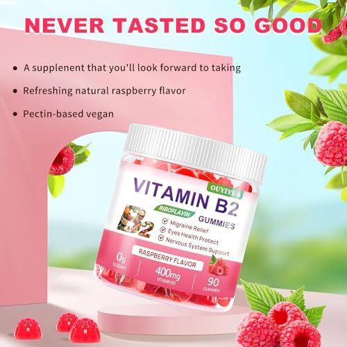 Vitamin B2 Gummies Riboflavin 400mg Supplement with Magnesium for Kids & Adults B2 Gummies for Migraine Relief, Headache Relief & Nervous System Support, Vegan, Sugar-Free, Raspberry Flavor 90 Count - görsel 6