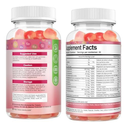 Totaria Sugar Free Multivitamin Gummies for Women 14+ w/Iron, Inositol, Folate, Biotin, Womens Daily Multivitamin Gummy w/Vitamin A, C, B, D3, K2, for Hair, Skin, Energy, Immune, Peach Flavor