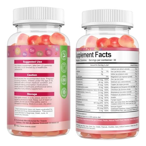 Totaria Sugar Free Multivitamin Gummies for Women 14+ w/Iron, Inositol, Folate, Biotin, Womens Daily Multivitamin Gummy w/Vitamin A, C, B, D3, K2, for Hair, Skin, Energy, Immune, Peach Flavor - görsel 9
