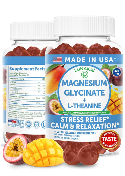 Lunakai USA Made Magnesium Glycinate Gummies with L-Theanine for Kids & Adults – 420mg Magnesium Supplement for Calm, Sleep & Stress Support, 60ct