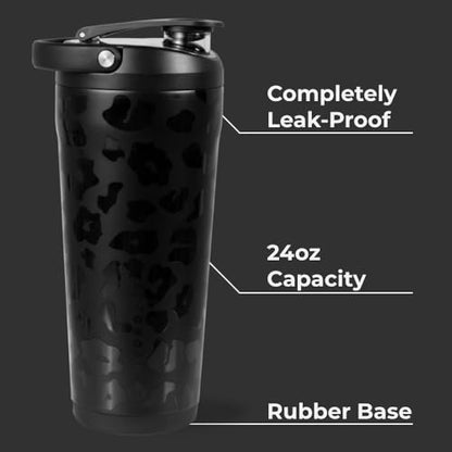 HydroJug 24 oz Stainless Steel Shaker – Insulated, Leakproof, BPA-Free with Silent Mixing Grate – No Clumps, No Noise – Premium Shaker for Fitness, Sports & Everyday Use, Black Leopard