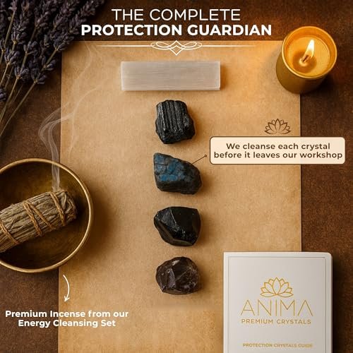 Anima Premium Protection Healing Crystals Set for Energy Shielding - Large Raw Obsidian, Black Tourmaline, Labradorite, Smoky Quartz & Selenite Bar - Wooden Gift Box and Guide Booklet Included - görsel 4