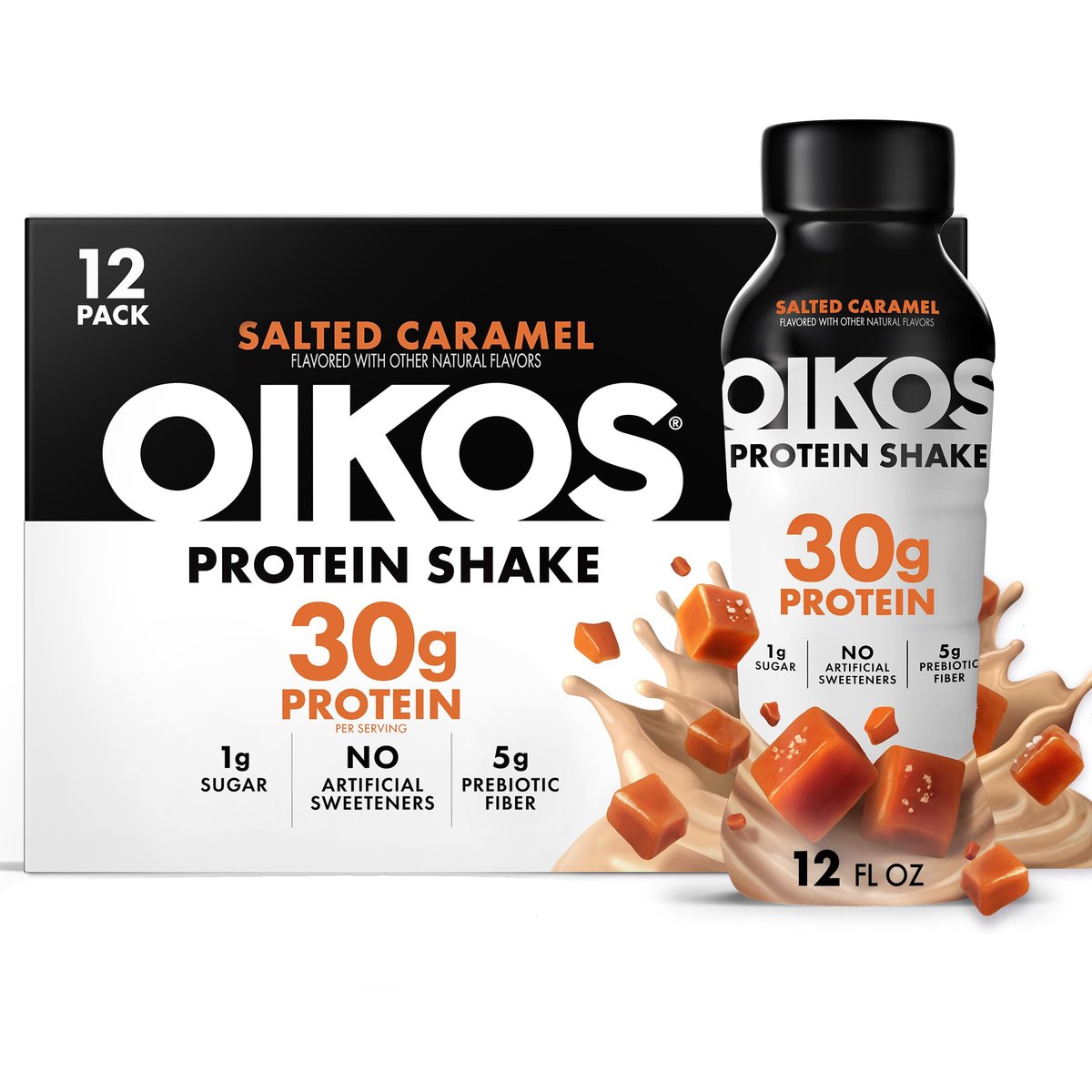 Oikos Protein Shake, Salted Caramel, 30g High Protein Drinks, Shelf Stable, Ready to Drink, 5g Prebiotic Fiber, 12 fl oz Bottle, 12 Count - görsel 11