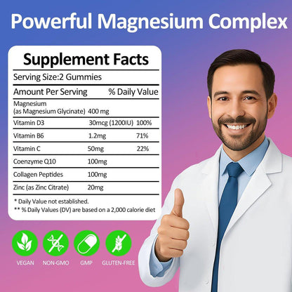 Magnesium Glycinate Gummies 400mg - Sugar Free Vegan Gummies for Adults & Kids with Vitamin D3, B6, C, CoQ10, Collagen, Zinc - Sleep, Muscle, Bone & Memory Support - 60 Raspberry Chewables