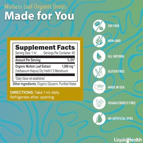 LIQUIDHEALTH USDA Organic Mullein Leaf Extract Drops for Lungs - Herbal Cleansing Drops for Smokers, Immune Support, Respiratory Health - 1000mg, Sugar-Free, Vegan, Made in USA (2 Pack) - görsel 3