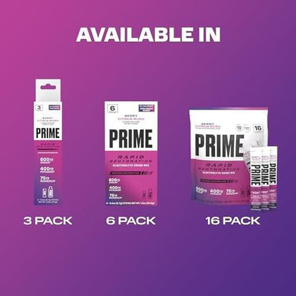 PRIME Rapid Rehydration Electrolyte Powder Sticks, Glacier Orange, Sugar Free Hydration Drink Mix with Sodium, Potassium, Magnesium & B Vitamins to Replenish Fluids, Caffeine Free, 16 Count