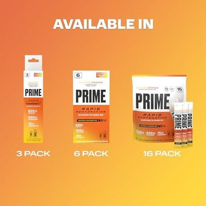 PRIME Rapid Rehydration Electrolyte Powder Sticks, Glacier Orange, Sugar Free Hydration Drink Mix with Sodium, Potassium, Magnesium & B Vitamins to Replenish Fluids, Caffeine Free, 16 Count