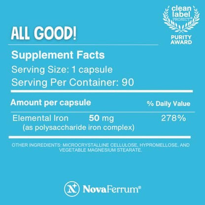 NovaFerrum All Good | Iron Capsule Supplements for Adults | Anemia | 50mg of Iron | 30 Servings | Sugar Free