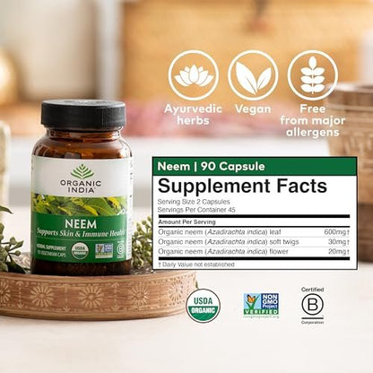 ORGANIC INDIA Neem Leaf Capsules - Herbal Supplement, Supports Skin & Immune Health, Vegan, Gluten Free, USDA Certified Organic - 90 Count
