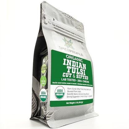 Spice Profile USDA Organic Indian Tulsi/Holy Basil Cut & Sifted, 2 oz, Lab Tested for Heavy Metals, Ocimum sanctum, Albahaca Sagrada