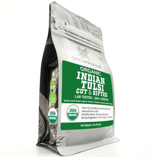 Spice Profile USDA Organic Indian Tulsi/Holy Basil Cut & Sifted, 2 oz, Lab Tested for Heavy Metals, Ocimum sanctum, Albahaca Sagrada