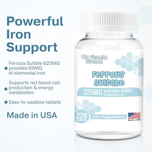 The Vitamin Kitchen Ferrous Sulfate 325 mg (65 mg Elemental Iron) High Potency Iron Supplement - High Potency Iron Pills for Red Blood Cells - No Artificial Color Additives - 220 Tablets Made in USA - görsel 8