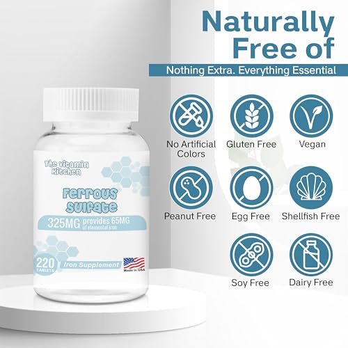 The Vitamin Kitchen Ferrous Sulfate 325 mg (65 mg Elemental Iron) High Potency Iron Supplement - High Potency Iron Pills for Red Blood Cells - No Artificial Color Additives - 220 Tablets Made in USA - görsel 6