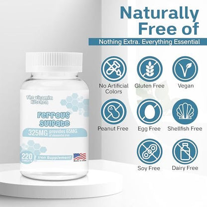 The Vitamin Kitchen Ferrous Sulfate 325 mg (65 mg Elemental Iron) High Potency Iron Supplement - High Potency Iron Pills for Red Blood Cells - No Artificial Color Additives - 220 Tablets Made in USA