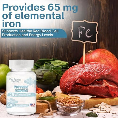 The Vitamin Kitchen Ferrous Sulfate 325 mg (65 mg Elemental Iron) High Potency Iron Supplement - High Potency Iron Pills for Red Blood Cells - No Artificial Color Additives - 220 Tablets Made in USA