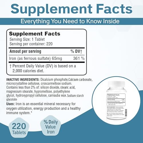 The Vitamin Kitchen Ferrous Sulfate 325 mg (65 mg Elemental Iron) High Potency Iron Supplement - High Potency Iron Pills for Red Blood Cells - No Artificial Color Additives - 220 Tablets Made in USA - görsel 4