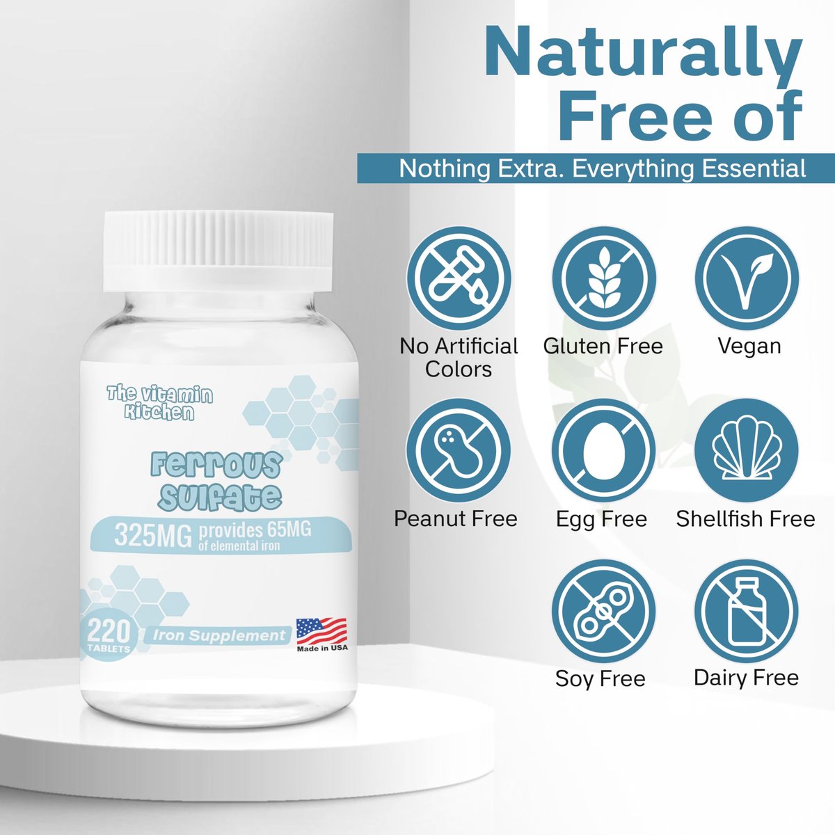 The Vitamin Kitchen Ferrous Sulfate 325 mg (65 mg Elemental Iron) High Potency Iron Supplement - High Potency Iron Pills for Red Blood Cells - No Artificial Color Additives - 220 Tablets Made in USA - görsel 5
